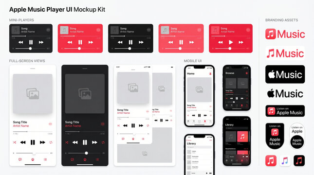 Apple Music Player UI Mockup Kit for Smartphone. Music mobile application interface with playback controls, mini player, branding assets. Light and dark mode music app UI template design elements set.