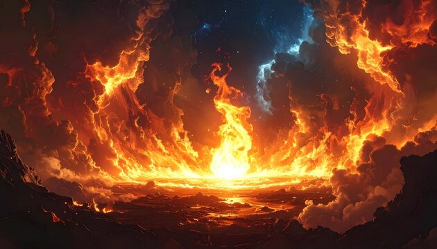 Fiery explosion erupts from a planet surface, ringed by intense flames and a contrasting nebula