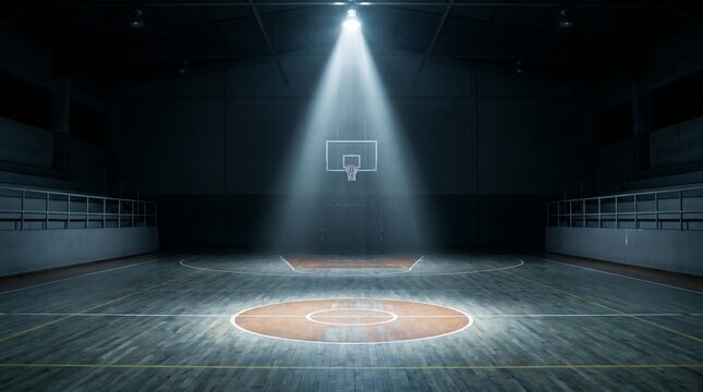 Empty basketball court with a single spotlight shining on the hoop