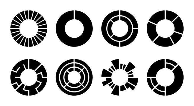 Diverse Circular Diagram Icons, Data Visualization Elements, Business Analytics Charts, and Abstract Infographic Segments in Black and White Vector Set