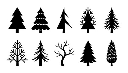 Diverse Christmas Tree Vector Icons, Winter Holiday Evergreen Silhouettes, Seasonal Forest Plant Graphics © Abid