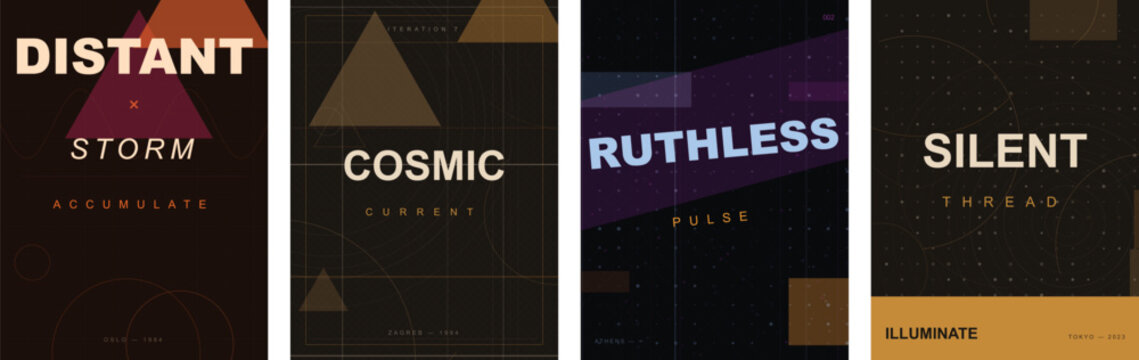 Brutalist poster design set with geometric shapes, abstract book cover templates with bold typography, 4 modern vector layouts for editorial design