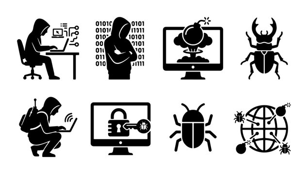 Cybersecurity Icons Set: Hacker, Virus, Bomb, Bug, Network Attack, Data Breach, Digital Threat, Computer Security