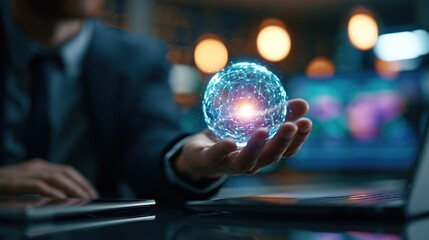 Fototapeta premium Business strategist holding digital data network orb in modern finance workspace