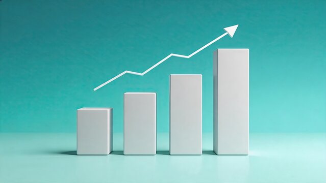 White 3D bar chart with upward trend arrow on blue background, business growth concept, financial success, data analysis visualization, minimalist style, corporate strategy,