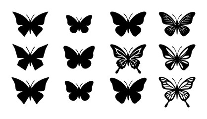 Vector Butterfly Silhouettes Collection, 12 Insect Icons, Black Winged Creatures for Design © Rashedur