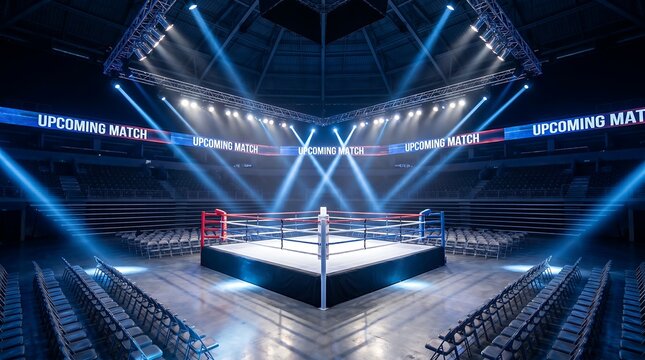 Empty boxing ring in a large arena with bright spotlights and seating