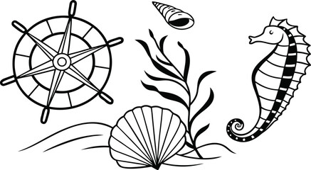 Set of black and white cartoon ocean animals and ship steering wheel on a transparent background, vector. © Riazhasan444