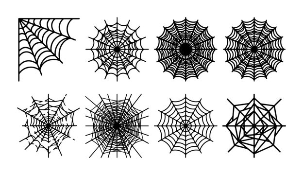 Spider Web Vector Icons Set, Arachnid Web Designs for Halloween and Horror Themes, Black Line Art