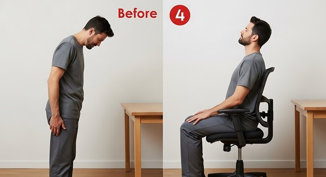 Bearded man demonstrating the contrast between poor hunched standing posture and proper upright seated ergonomic alignment while wearing grey clothes in a bright minimal studio setting 