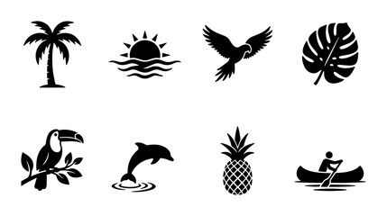 Tropical Icons Set: Palm Tree, Sunrise, Parrot, Monstera Leaf, Toucan, Dolphin, Pineapple, Canoeist - Vector Graphics for Summer Travel and Nature Themes © Samia