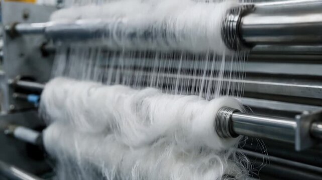 Closeup medium shot showcasing bulked nylon filaments being processed with falsetwist texturizing emphasizing volume and softness in synthetic fabric manufacturing.