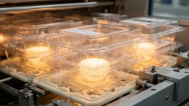 Close medium view of deep thermoformed clamshell salad containers being molded with heated plastic sheets highlighting durable design for fresh produce storage.
