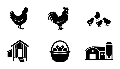 Farm Animals and Buildings Vector Icons: Chicken, Rooster, Chicks, Coop, Egg Basket, Barn Set © Jharna