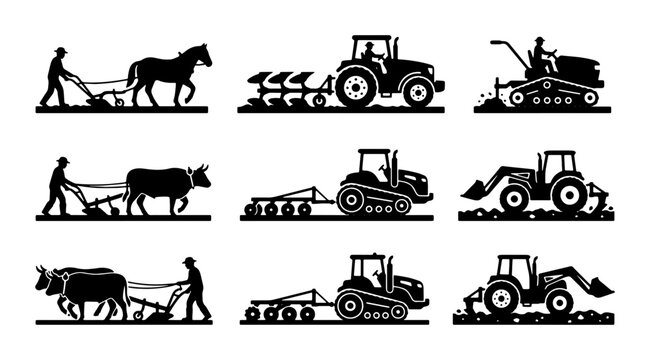 Agricultural Farming Icons: Horse-drawn Plows, Tractors, and Cultivators, Vector Silhouettes for Rural Industry and Harvest Concepts