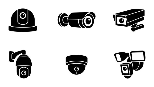 Set of 6 Black Security Camera Icons, Surveillance System Vector Graphics, CCTV Equipment Symbols for Safety and Monitoring Applications