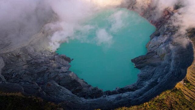 Mount Ijen Volcano Surrounded by Clouds | Aerial Footage Java Island Indonesia