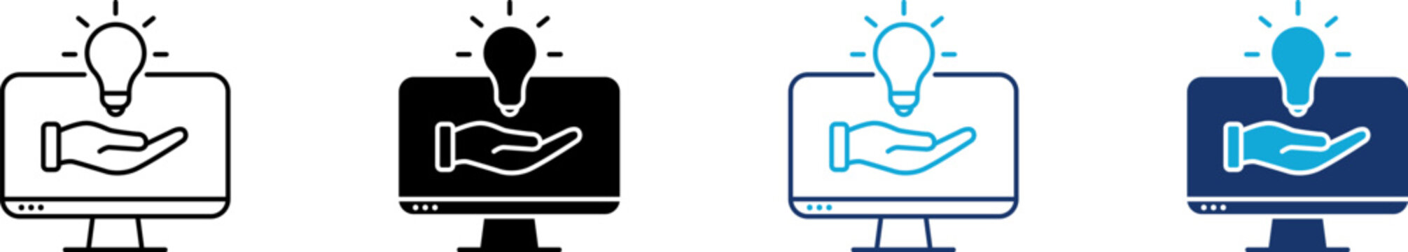 Inspiration icon set showing professional computer monitor screen with open human hand offering glowing lightbulb for creative digital innovation web support marketing idea and knowledge solution