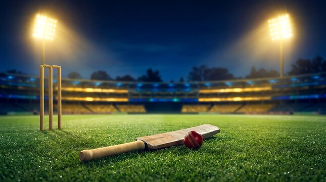 Cricket bat and ball on the pitch with wickets in a stadium at night