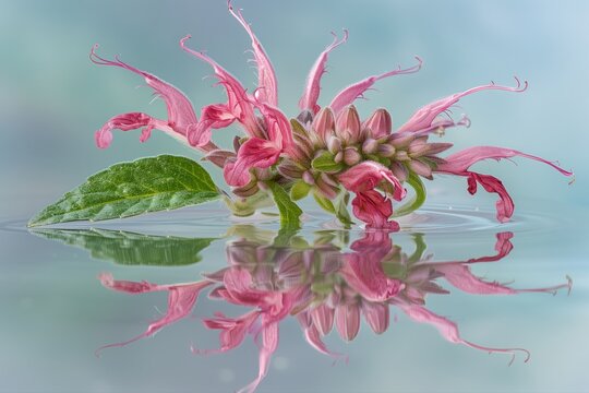 Pink flower with green leaf floating on calm water with a clear reflection and soft pastel background