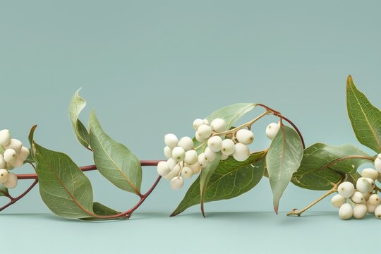 Green leaves and white berries arranged on a soft blue background with copy space
