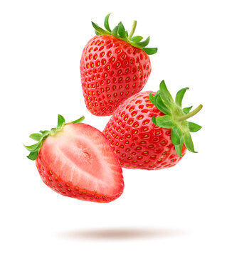 Fresh strawberry with cut in half isolated on white.