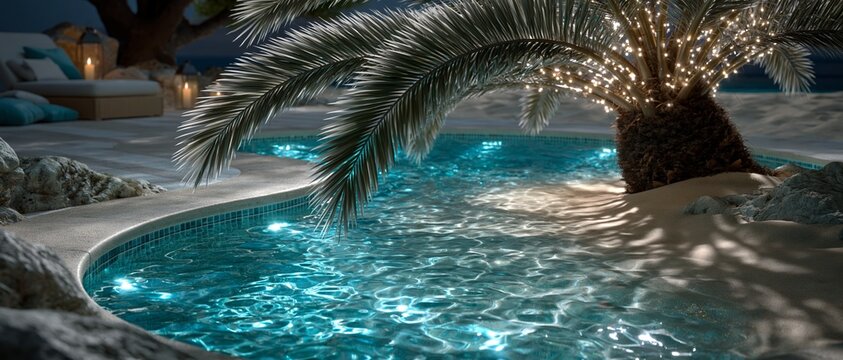 A glowing palm tree arches over a shimmering pool at night, creating a serene background for luxury hospitality design and relaxation themes.