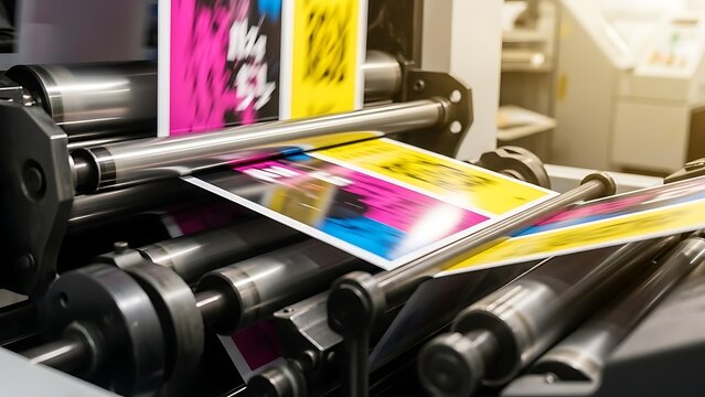 High speed industrial offset printing press machine producing colorful CMYK flyers and magazines in a professional print shop