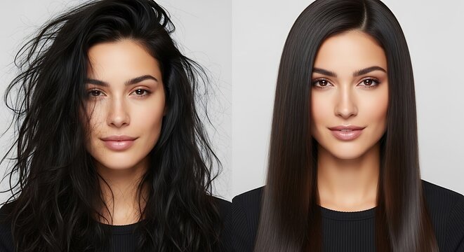 Comparison portrait showing a beautiful young woman with messy dark hair on the left side and perfectly smooth straight hair on the right side against a simple neutral gray background