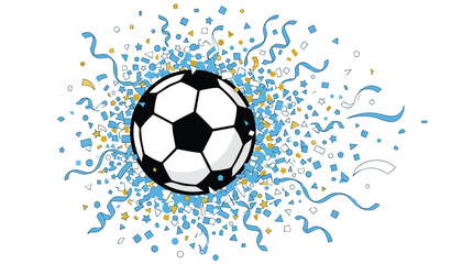 Naklejka premium Illustration of a soccer ball surrounded by colorful confetti and ribbons on a white background.