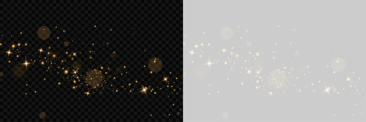 Fototapeta premium Transparent PNG overlay featuring magical holiday illumination and elegant shimmer. Bright golden glitter effect with floating dust, glowing bokeh and festive confetti.