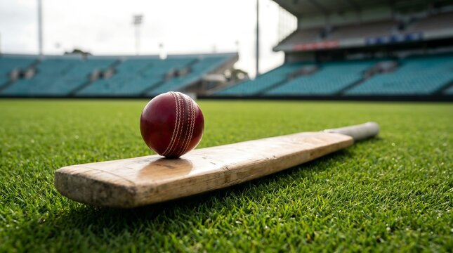 Cricket ball and bat on a stadium grass field