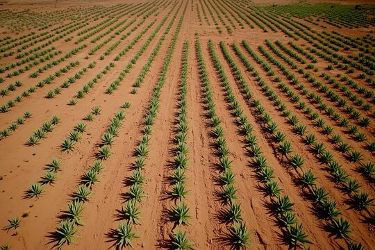 Rows of young green plants growing in dry sandy farm soil, creating a repeating pattern across a wide agricultural field.