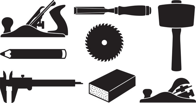 Carpentry tools icons set displays a planer, a chisel, a wooden mallet, a pencil, a circular saw blade, a metal vernier caliper, and a sanding block for woodworking and construction projects.