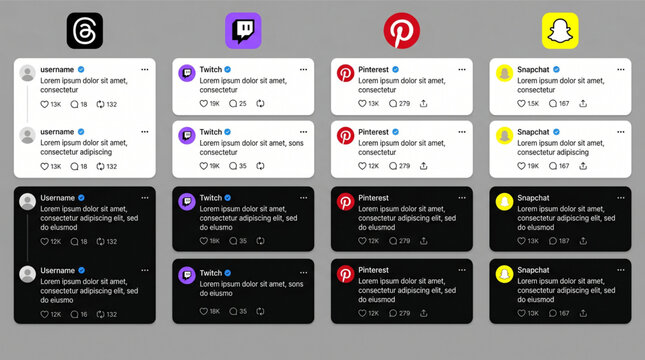 Social Media Post UI Mockup Collection for Threads, Twitch, Pinterest, and Snapchat. Mobile Application Interface Template with Light and Dark Mode. Feed Component with Like and Comment Icons UX.