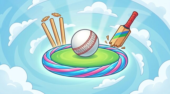 Cricket sport equipment with ball, bat and wickets on a floating green field