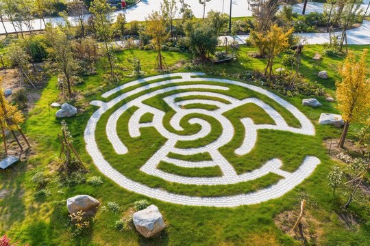 Aerial view of a circular garden maze with white stone paths, green grass, trees, and rocks in a landscaped park