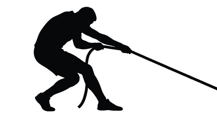 Man pulling rope in dynamic pose black silhouette athlete strength exercise motion figure human contrast isolated white background vector © Sumon