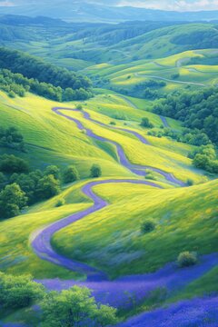 Lush green hills with a winding purple path through a bright spring valley.