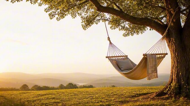 elegant hammock gently swaying beneath mature trees during golden hour and warm sunlight for national hammock day