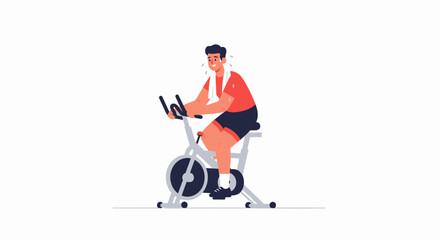 Fototapeta premium Man Exercising on Stationary Bike, Sweating and Feeling the Burn - Vector Illustration