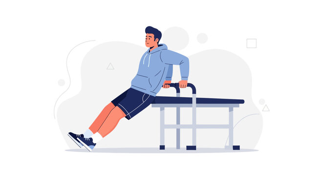 Man doing triceps dips on parallel bars, modern flat illustration, fitness and exercise concept