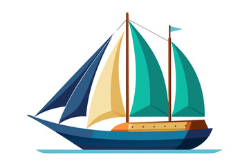 Fototapeta premium Colorful sailboat with large teal sails and a small flag on a white background sailing on calm waters in a modern vector graphic illustration design