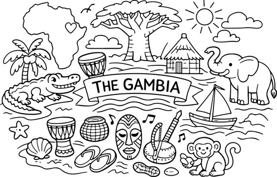 gambia cartoon outline hand drawn Line Art illustration doodle art coloring page for kids