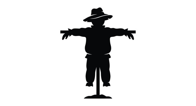 Black silhouette of a scarecrow standing in a field isolated on a white background silhouette strawman effigy figure