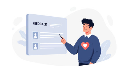 Fototapeta premium Man points to feedback form with customer profiles and testimonials, representing customer satisfaction and survey results.