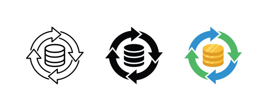 Money cash flow and financial circulation icon set with stack of coins, vector illustration
