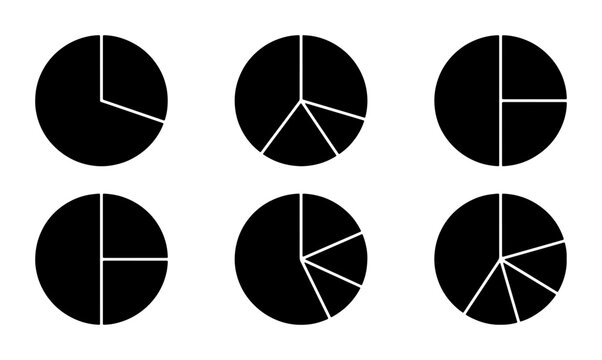 Set of Six Black Pie Chart Icons, Data Visualization Elements, Simple Circle Graphs for Business Reports and Analytics