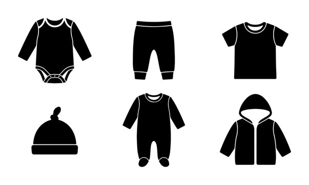 Black Baby Clothes Icons Set, Newborn Bodysuit, Pants, T-Shirt, Hat, Sleepsuit, Hoodie, Vector Graphics for Childrenswear