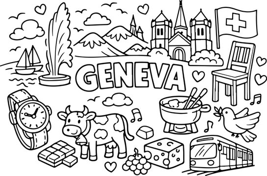 geneva switzerland cartoon outline hand drawn Line Art illustration doodle art coloring page for kids
